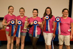 Photograph of  Race Girls with trophy and ribbons.